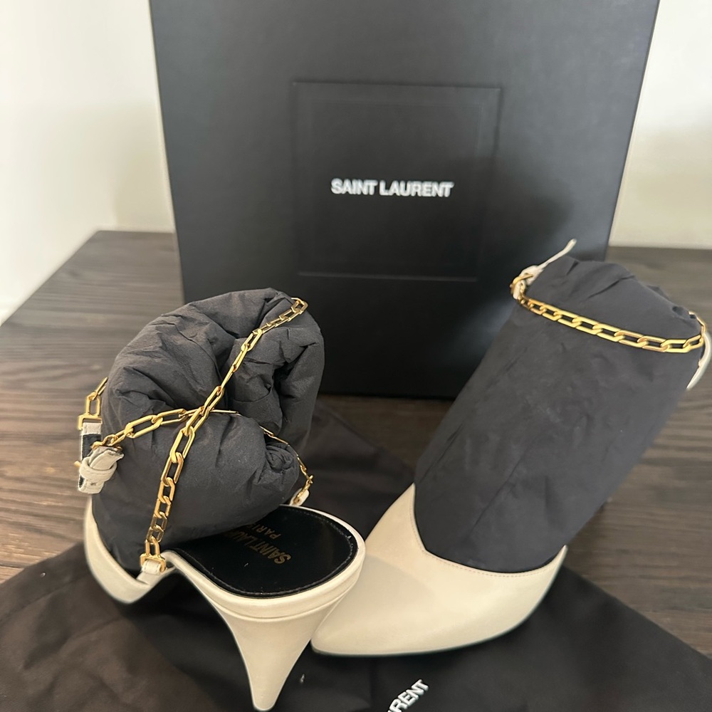 Saint Laurent Beige Heels with Gold Chain Accent